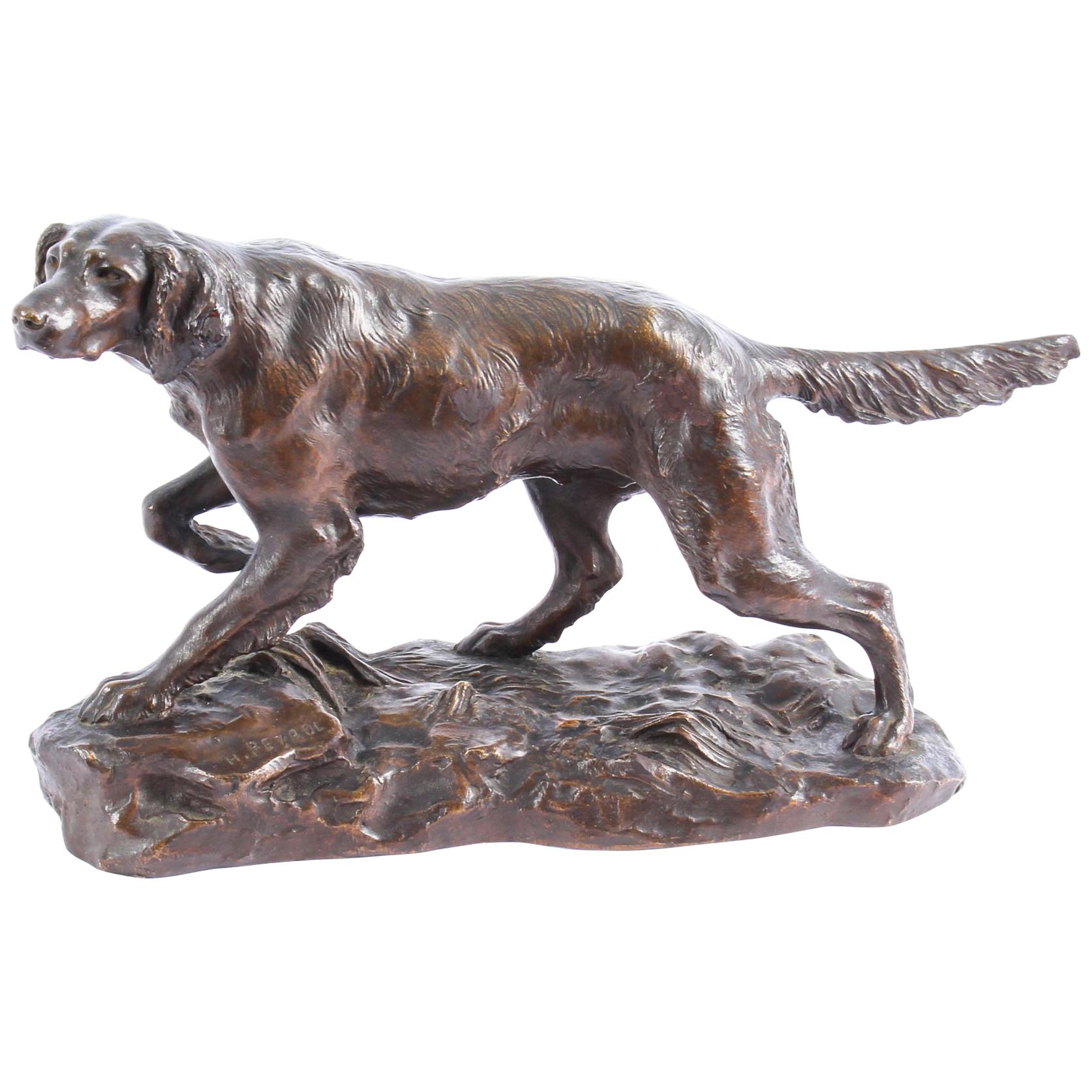 Antique Bronze Sculpture Irish Setter Dog Hunting by H. Peyrol, 19th Century