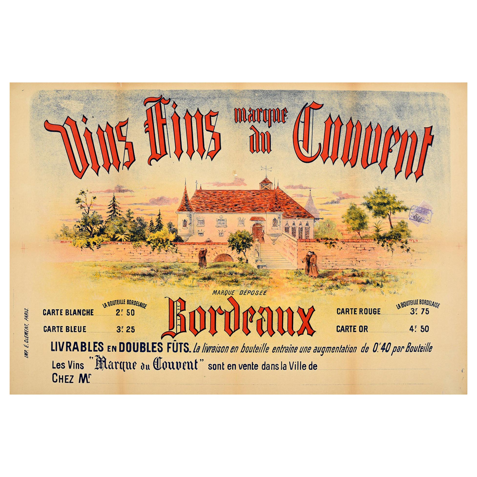 Original Antique French Bordeaux Wine Poster Vins Fins Marque Du Convent France