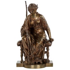 Sculpture française ancienne en bronze "Artémis assise" par Etienne Henri Dumaige