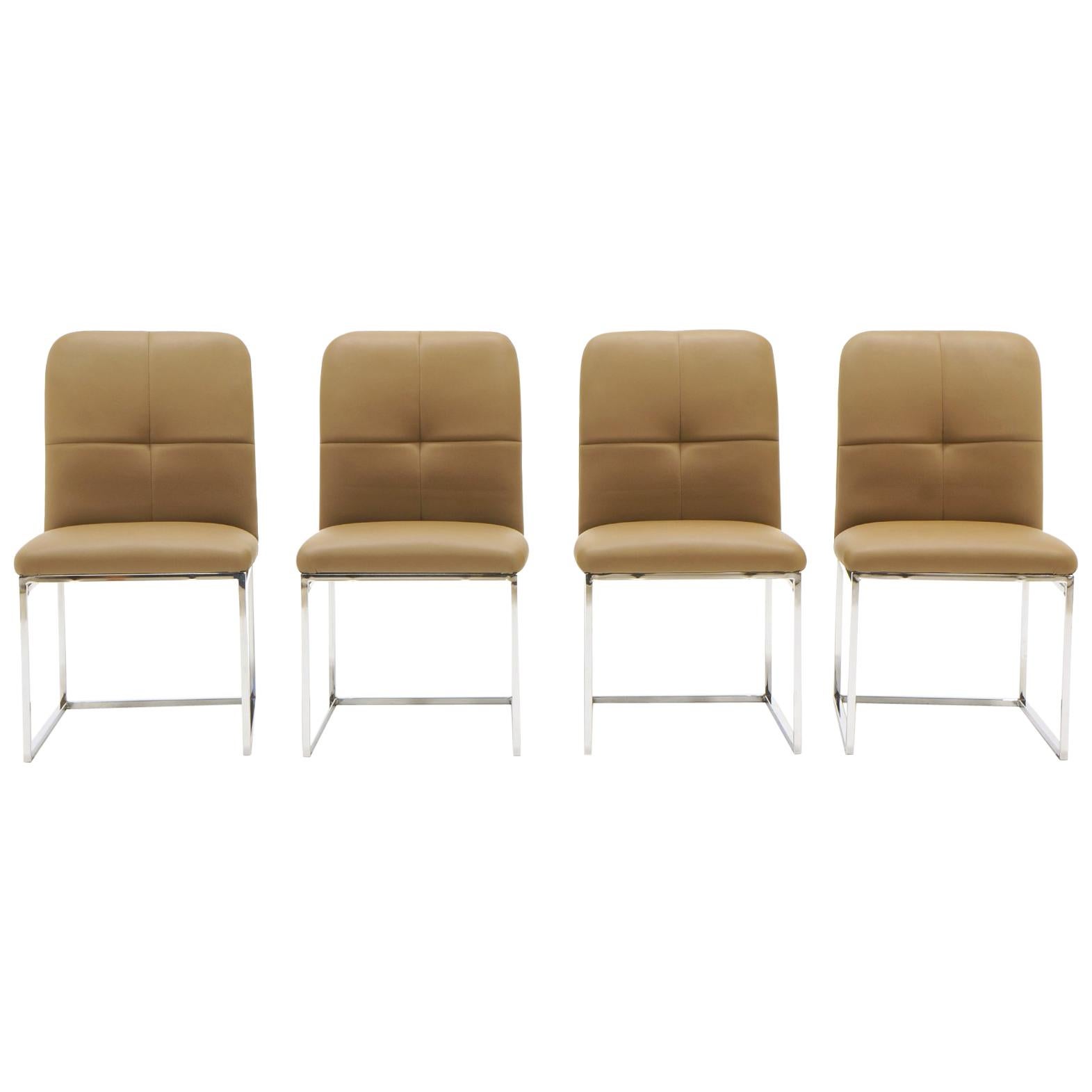 Milo Baughman Dining Chairs, Set of Four, Chrome and Tan Leather