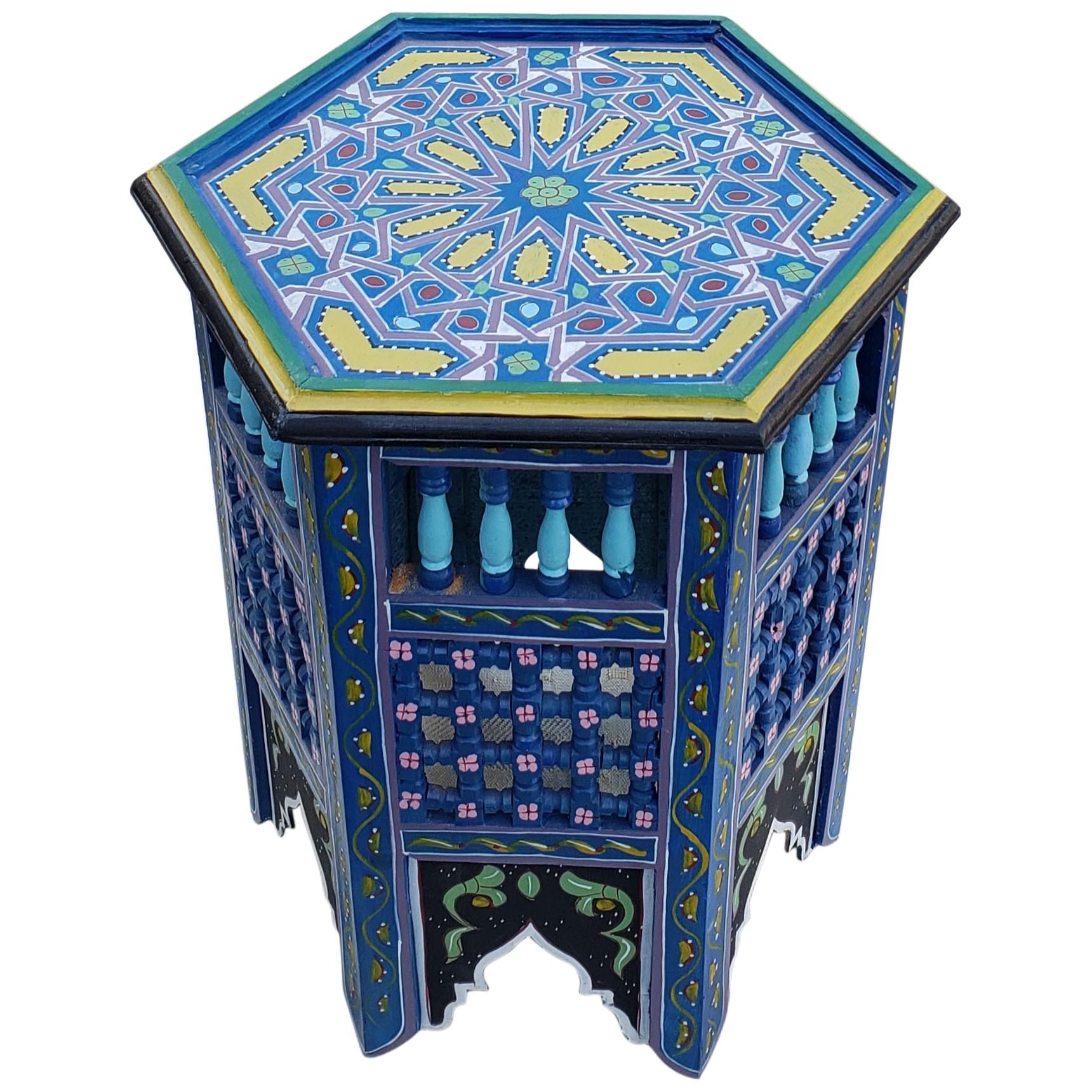 Moroccan Hexagonal Wooden End Table, Hand Painted 10 For Sale