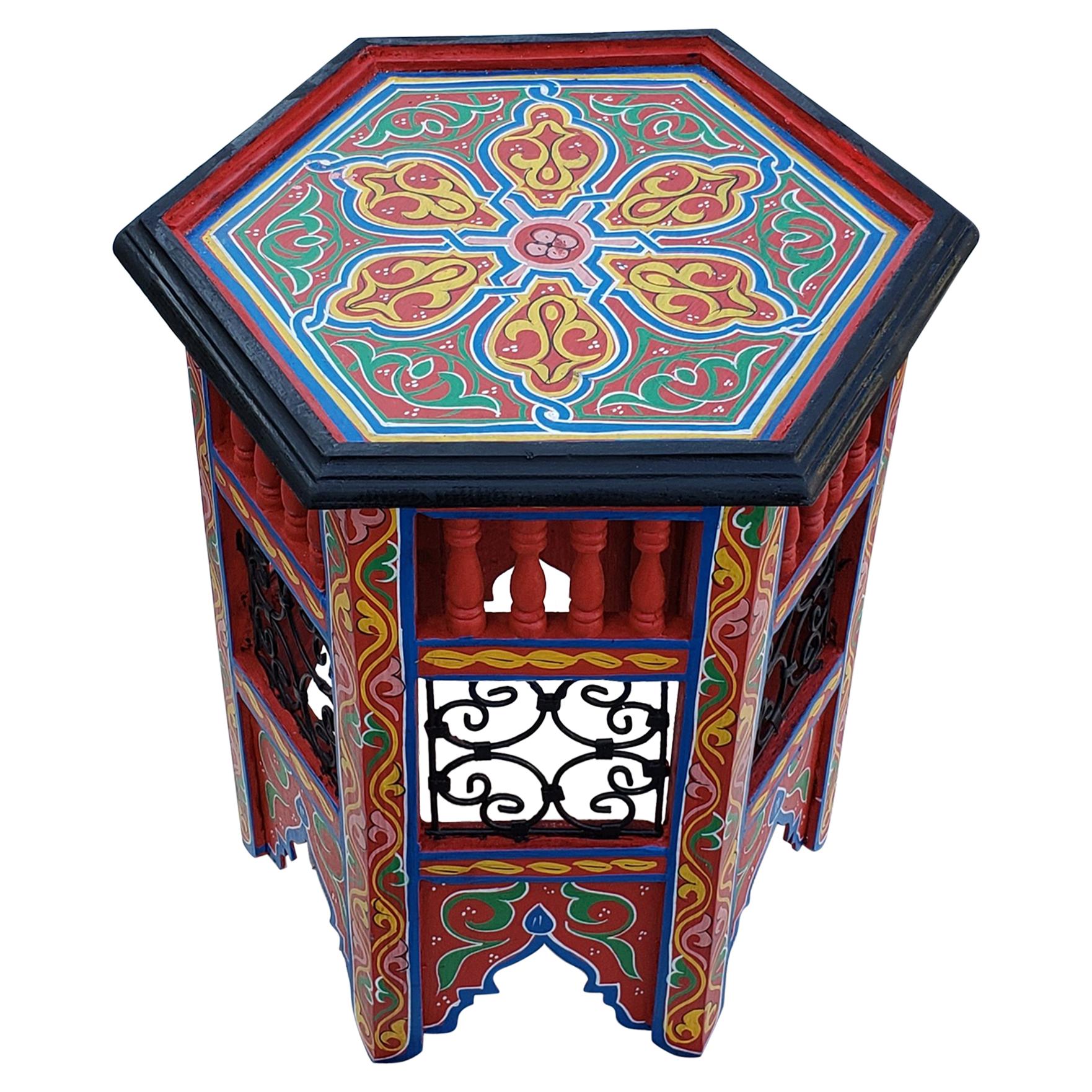 Moroccan Hexagonal Wooden End Table, Hand Painted 12 For Sale