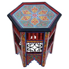 Moroccan Hexagonal Wooden End Table, Hand Painted 12