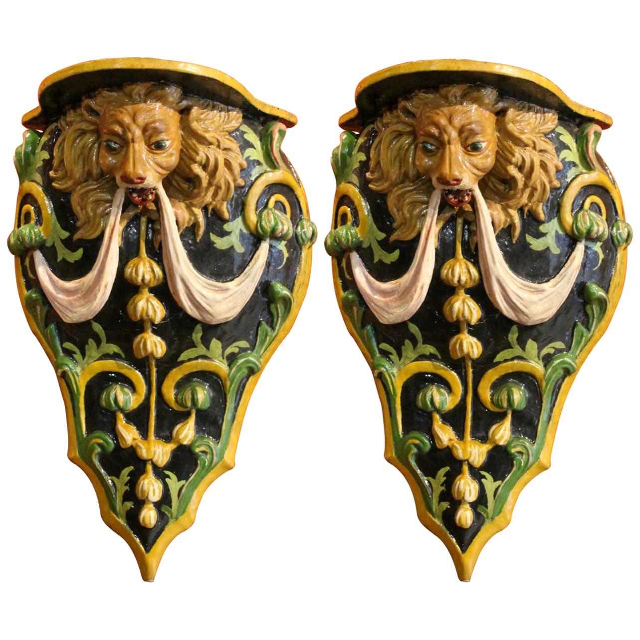 Italian 19th Century Hand Carved and Lacquer Wood Wall Brackets with Lion Heads