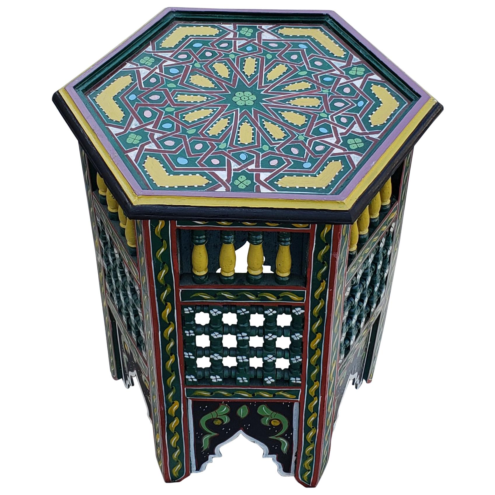 Moroccan Hexagonal Wooden End Table, Hand Painted 13 For Sale