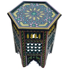 Moroccan Hexagonal Wooden End Table, Hand Painted 13