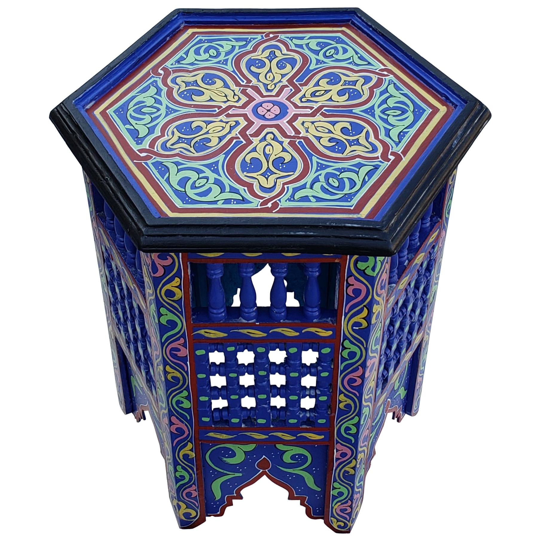 Moroccan Hexagonal Wooden End Table, Hand Painted 14