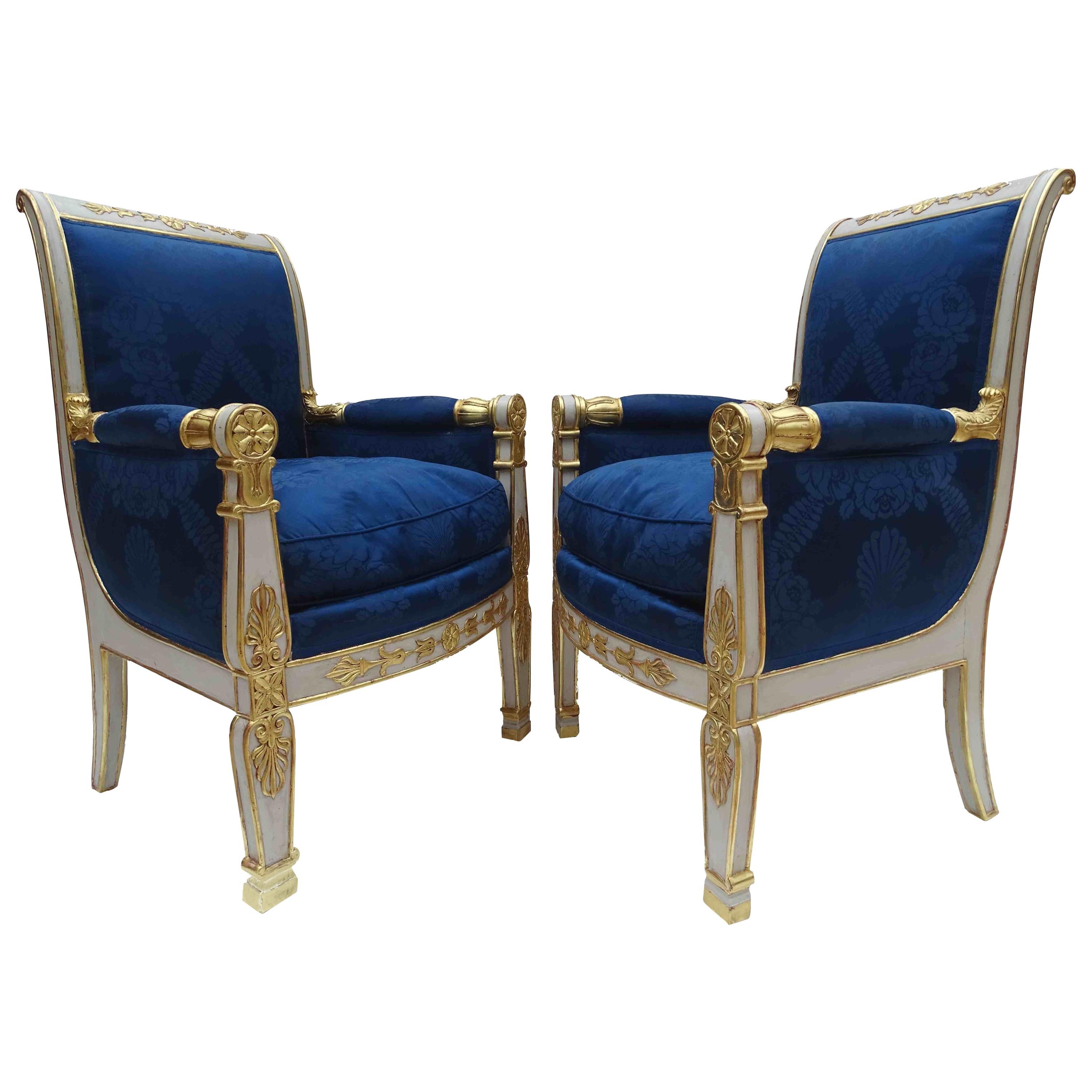 Gorgeous Empire Pair of  Blue Bergeres Armchairs by Jeanselme, France circa 1825