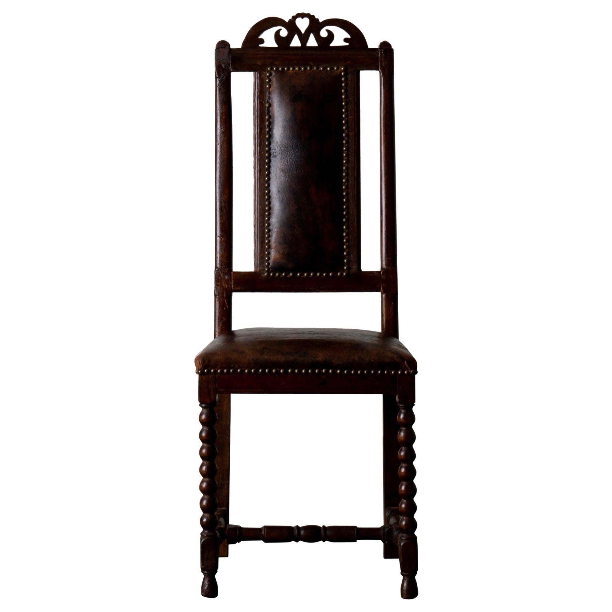 Chair Baroque Swedish Brown Leather, Sweden