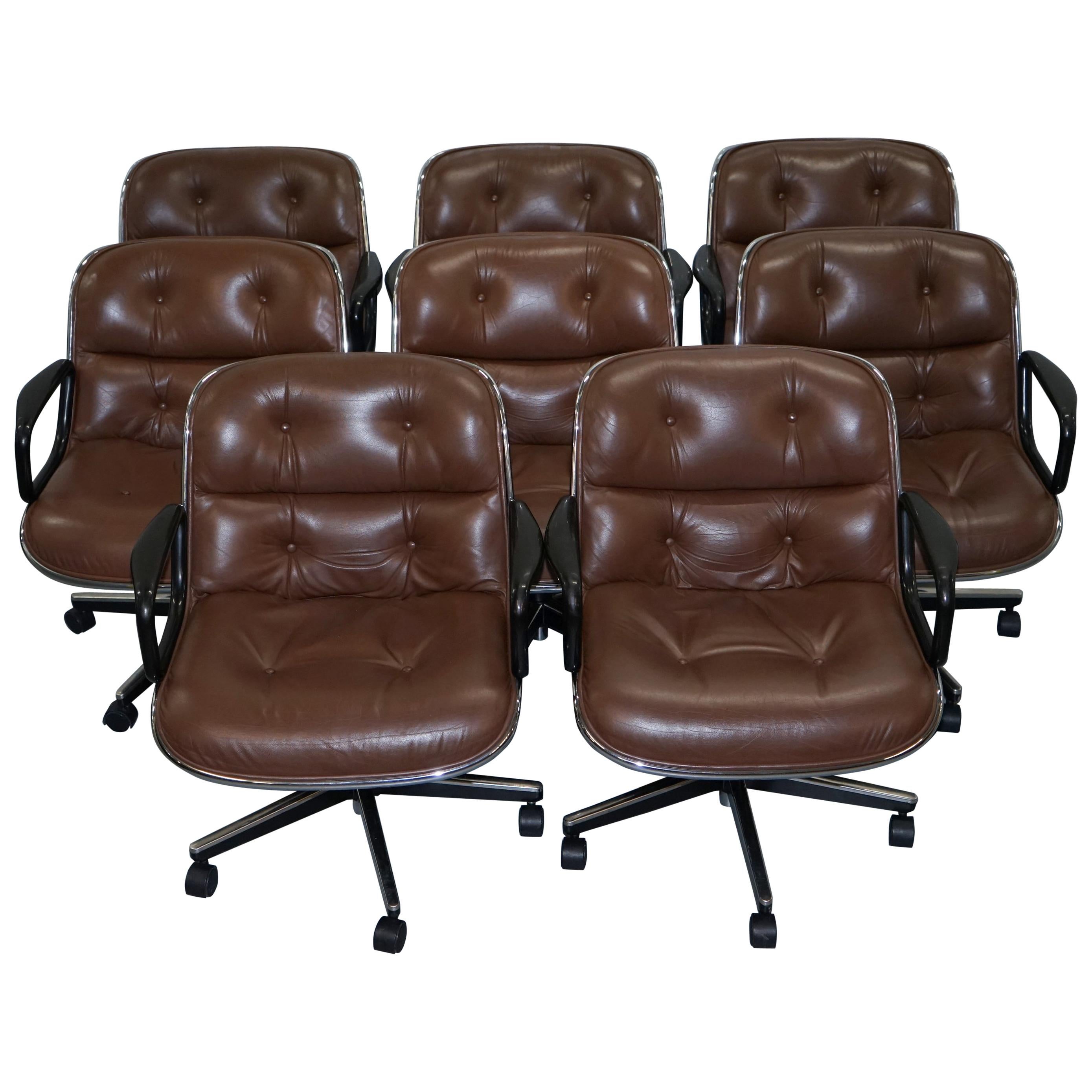 One of Eight Original Knoll Pollock Vintage Brown Leather Executive Armchairs