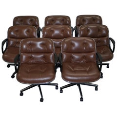 One of Eight Original Knoll Pollock Vintage Brown Leather Executive Armchairs