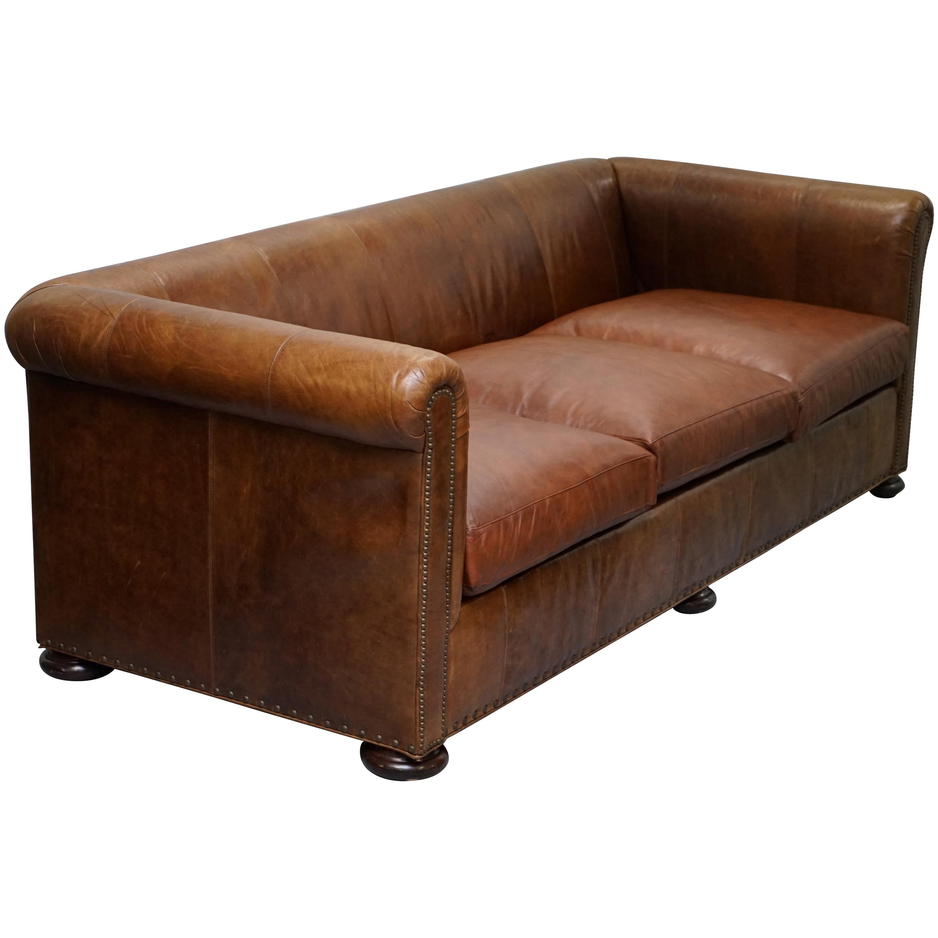 Large Lillian August Brown Leather Three to Four Seat Contemporary Sofa