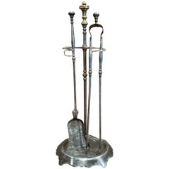 Mid-19th Century French Louis XIV Polished Iron Fireplace Tool Set with Stand