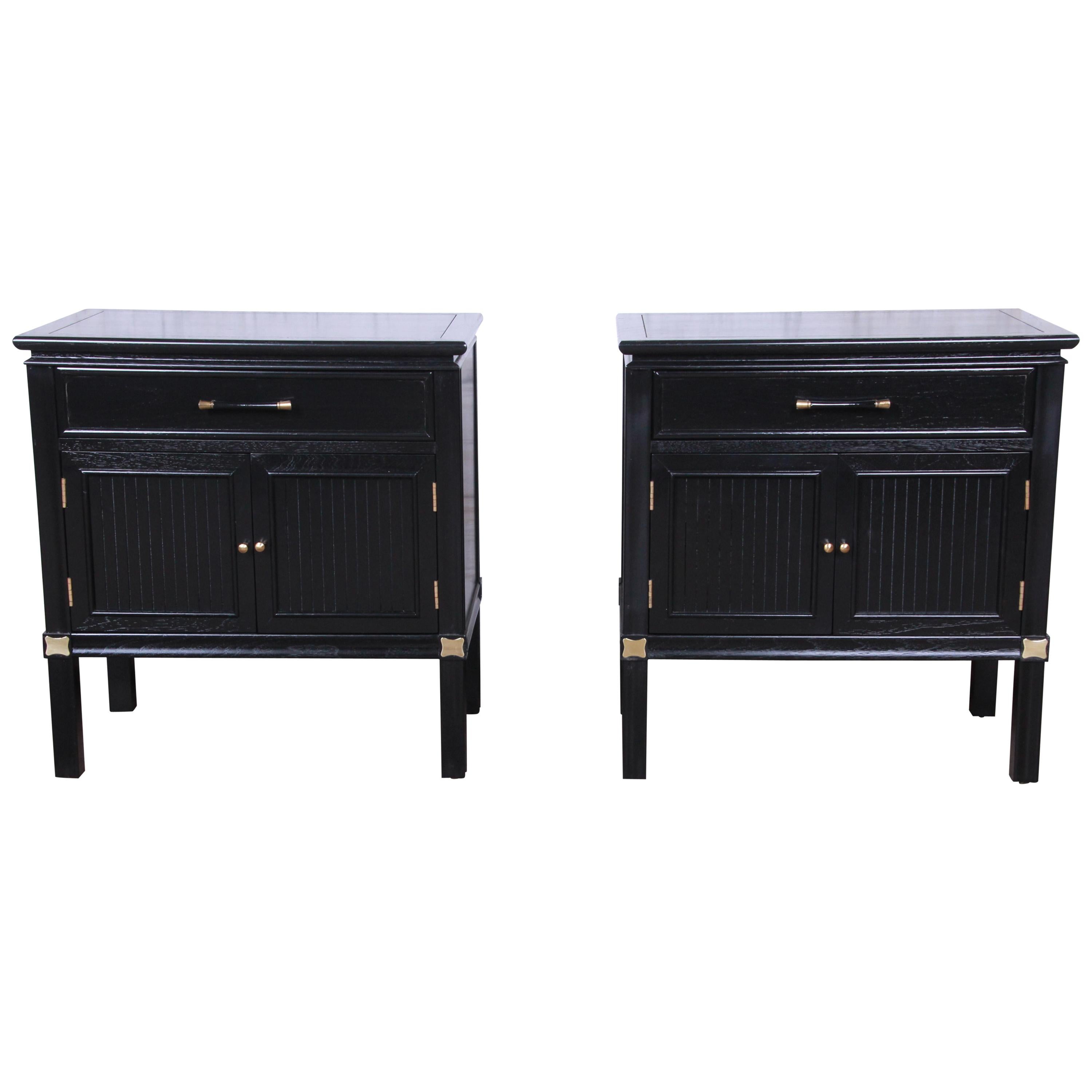Tamerlane Collection Hollywood Regency Chinoiserie Ebonized Nightstands, Pair