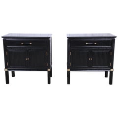 Vintage Tamerlane Collection Hollywood Regency Chinoiserie Ebonized Nightstands, Pair