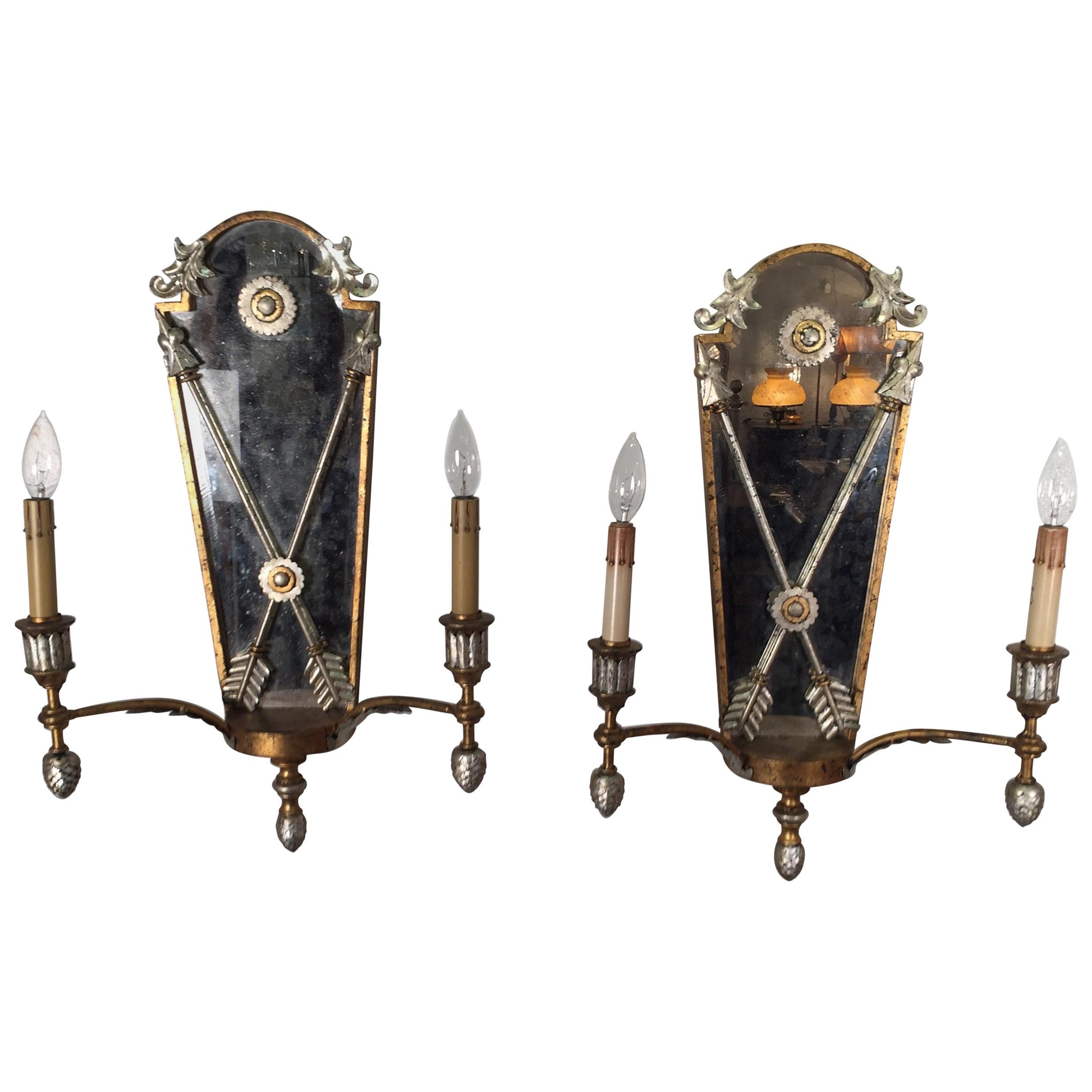 Pair of Hollywood Regency Style Mirrored Sconces