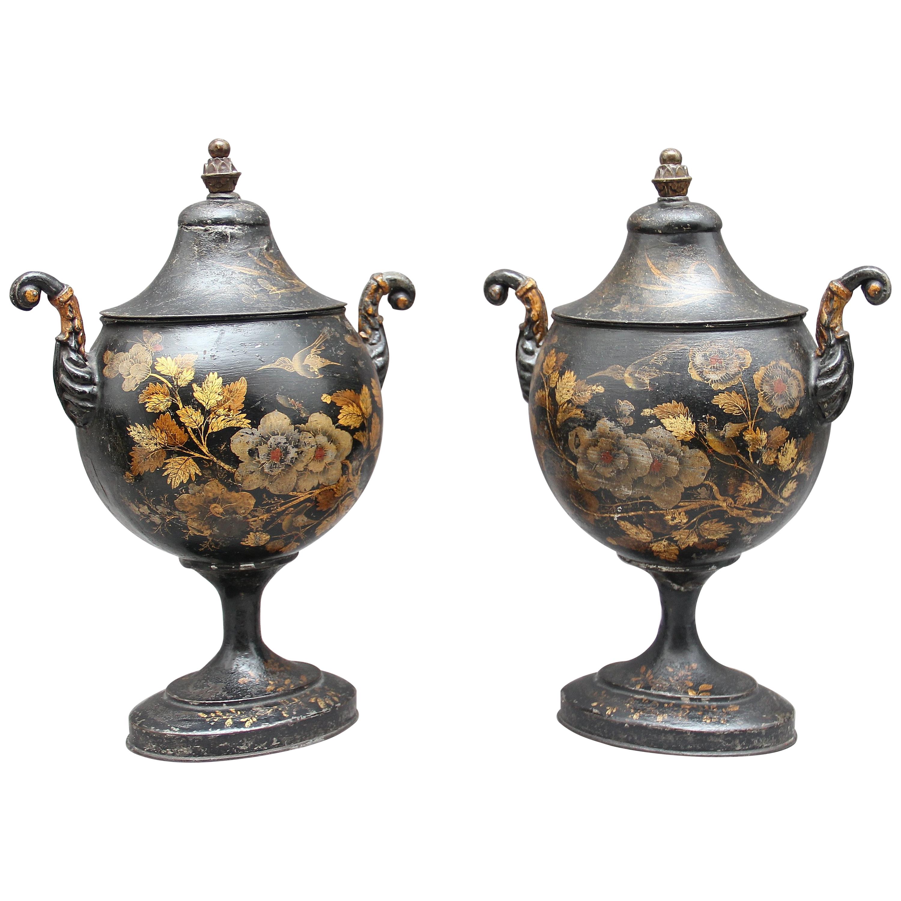 Pair of Early 19th Century Tole Chestnut Urns