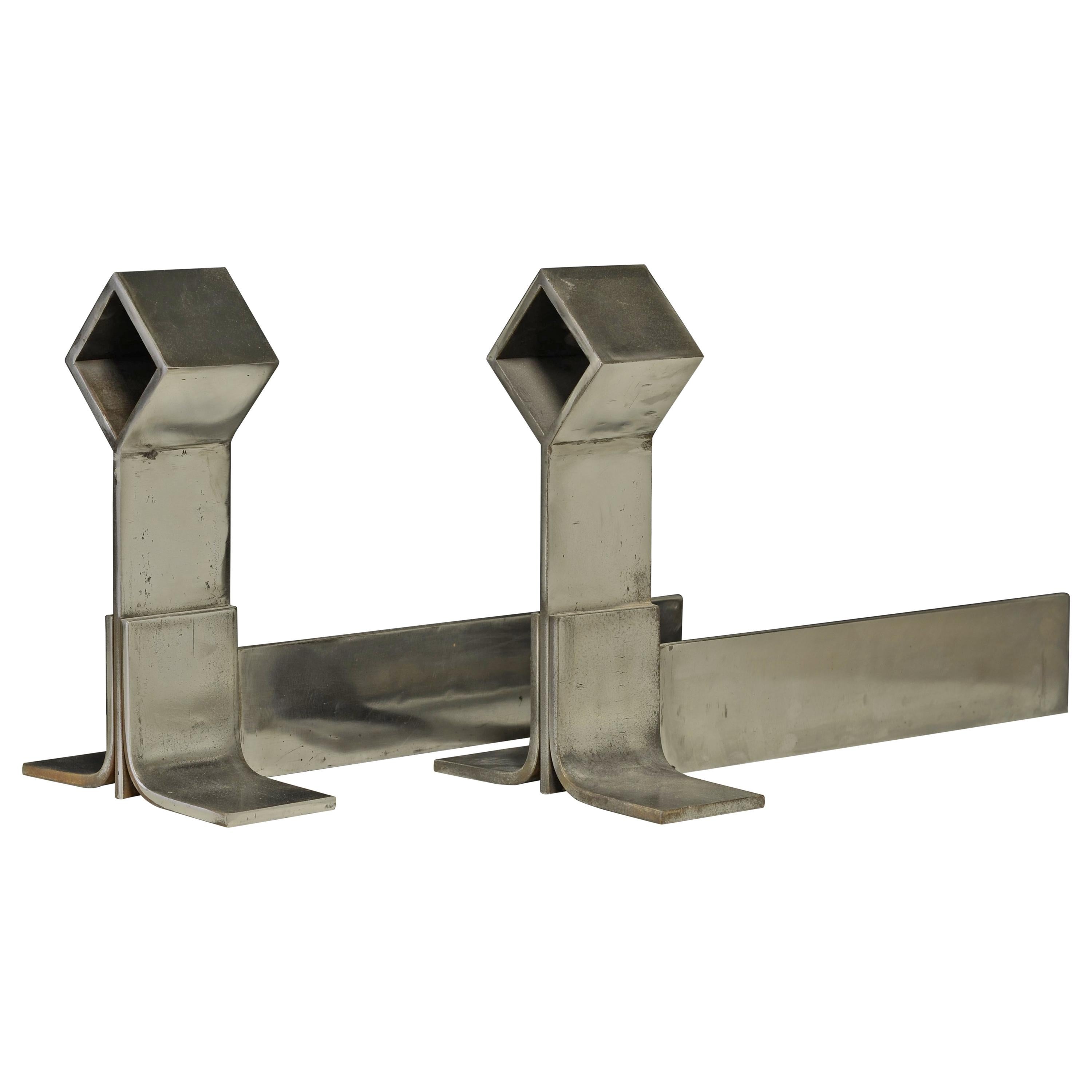 Stylish Pair of Midcentury Brushed Steel Andirons or Firebogs
