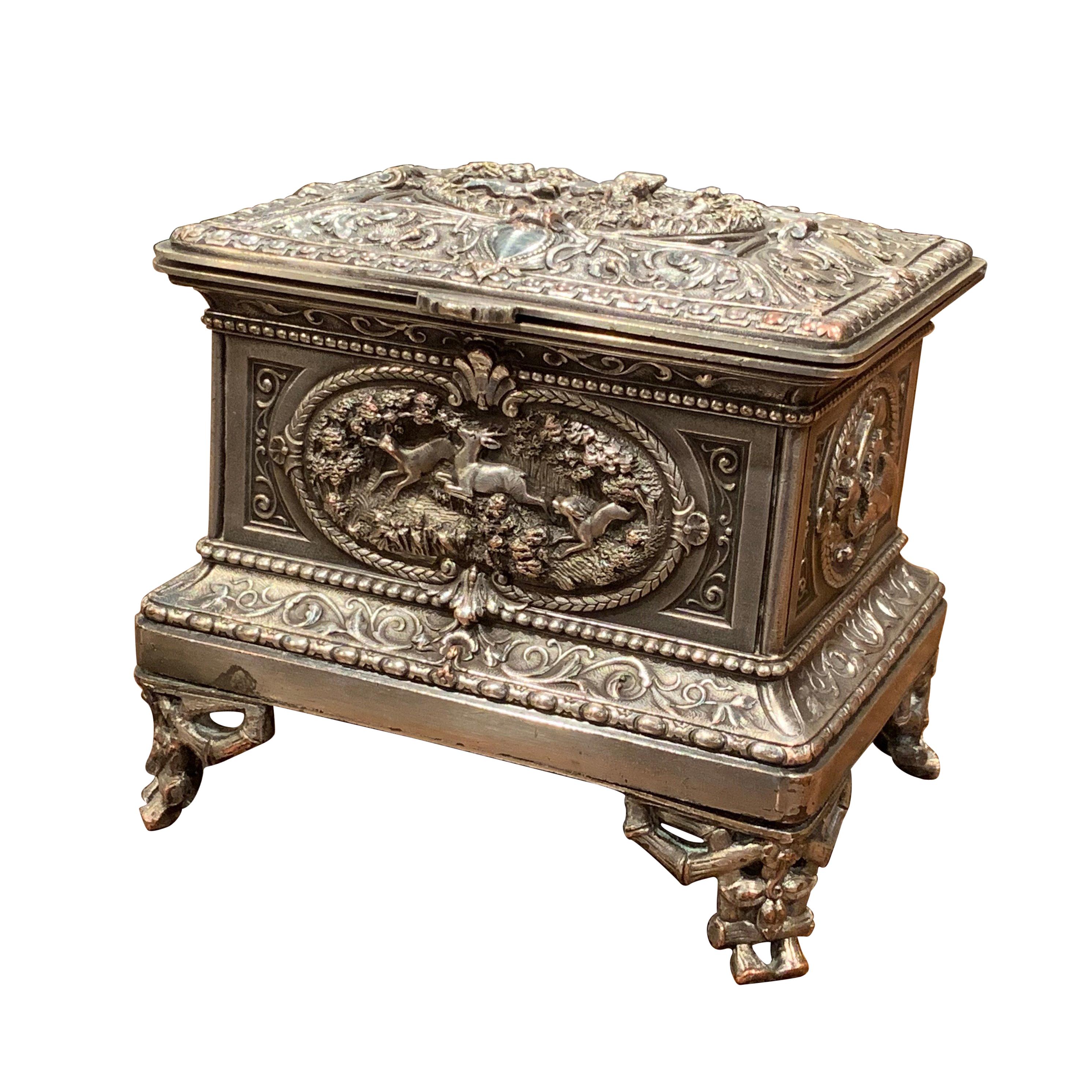 19th Century French Silver Plated on Copper Jewelry Box with Repoussé Hunt Motif