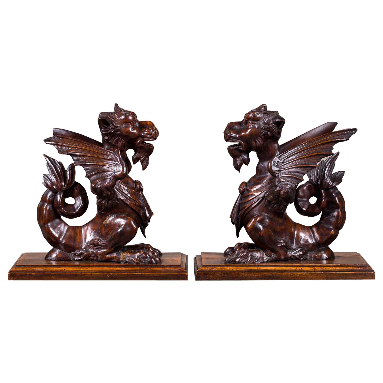 Pair of Antique Italian Walnut Hand Carved Winged Gryphons, Italy, circa 1780 For Sale