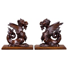 Pair of Antique Italian Walnut Hand Carved Winged Gryphons, Italy, circa 1780