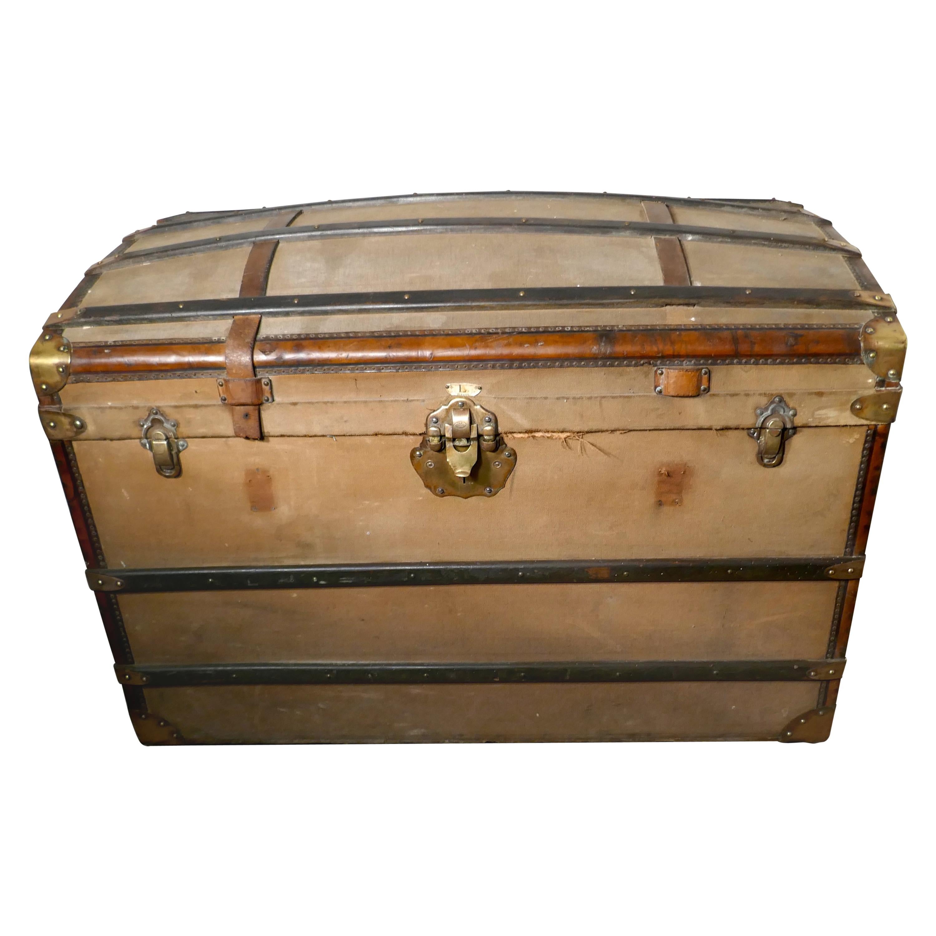 Large 19th Century French Canvas Dome Top Travel Trunk, Lion Brand