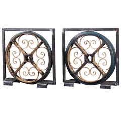 Antique French Painted Industrial Iron Wheels circa 1880 in Custom Display, Pair