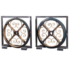 Antique French Painted Industrial Iron Wheels circa 1880 in Custom Display, Pair