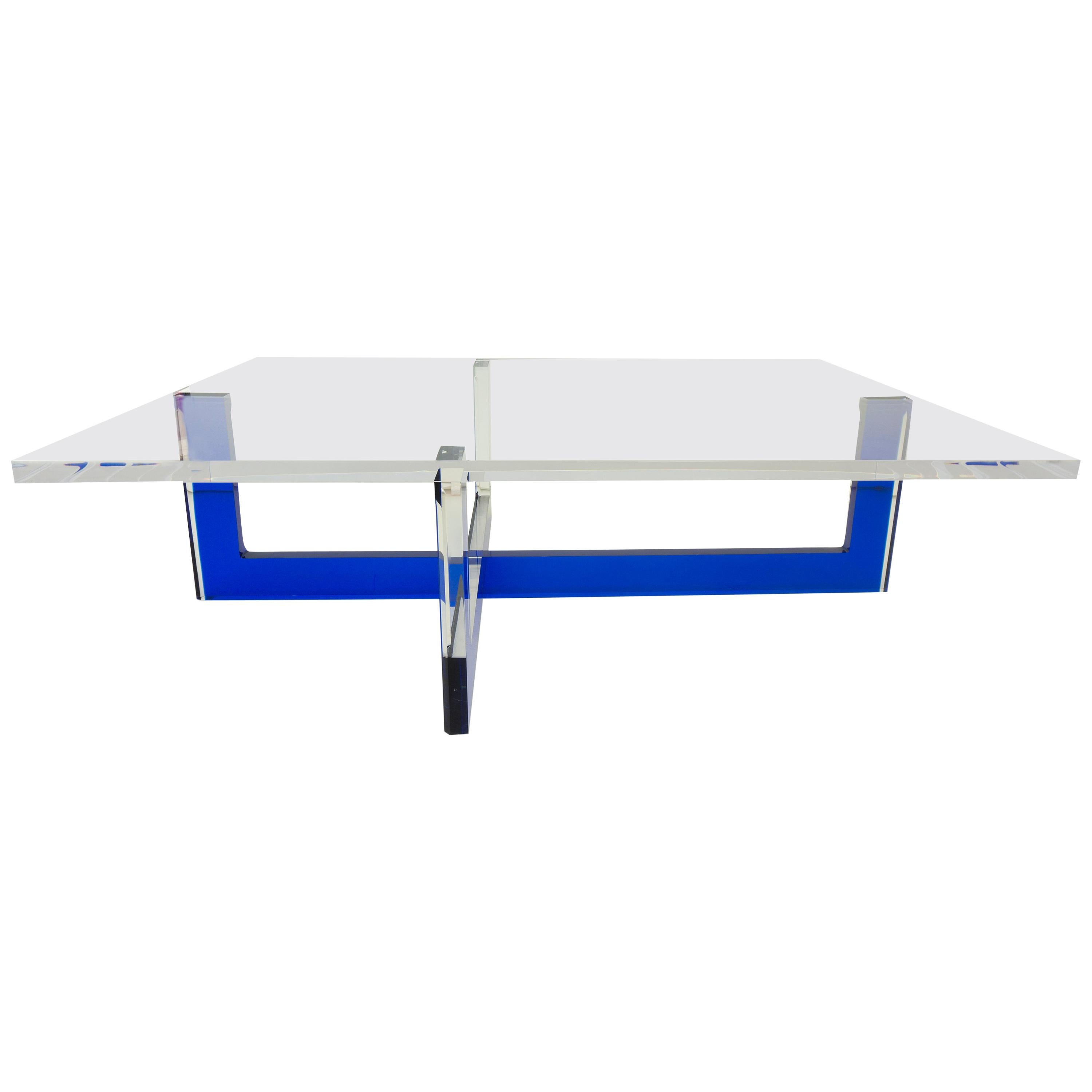 Modern Lucite Coffee Table with Blue Base