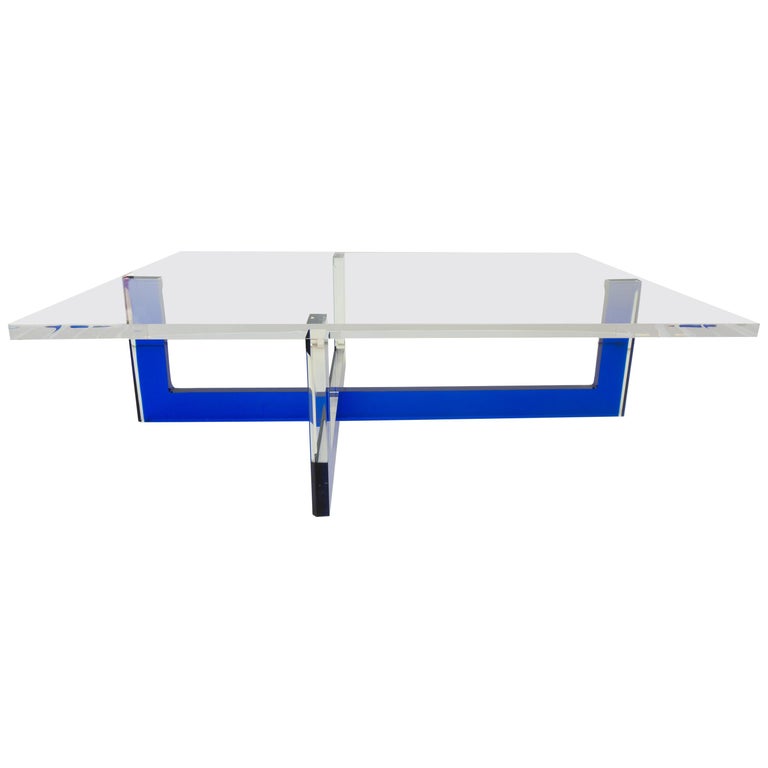 Modern Lucite Coffee Table with Blue Base For Sale