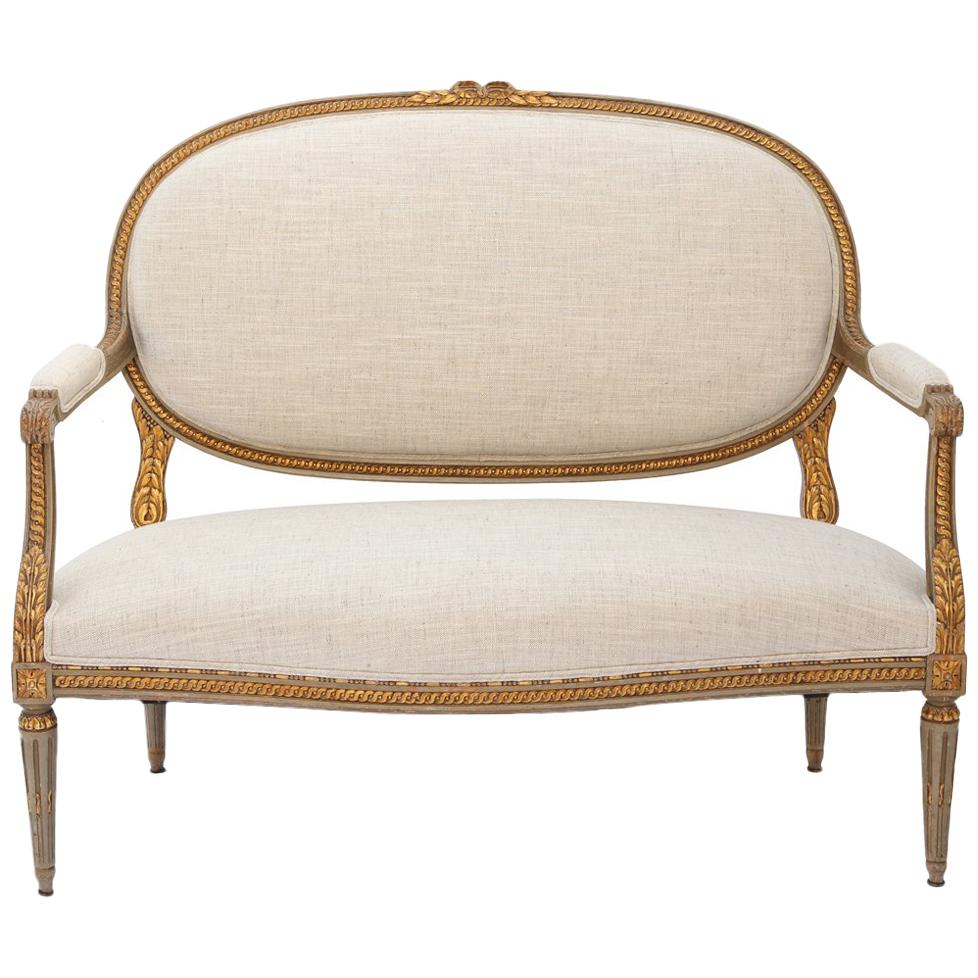 Louis XVI Giltwood 19th French Century Settee in Linen