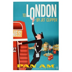 Original Vintage Mid Century Pan Am Poster London by Jet Clipper Piccadilly Bus