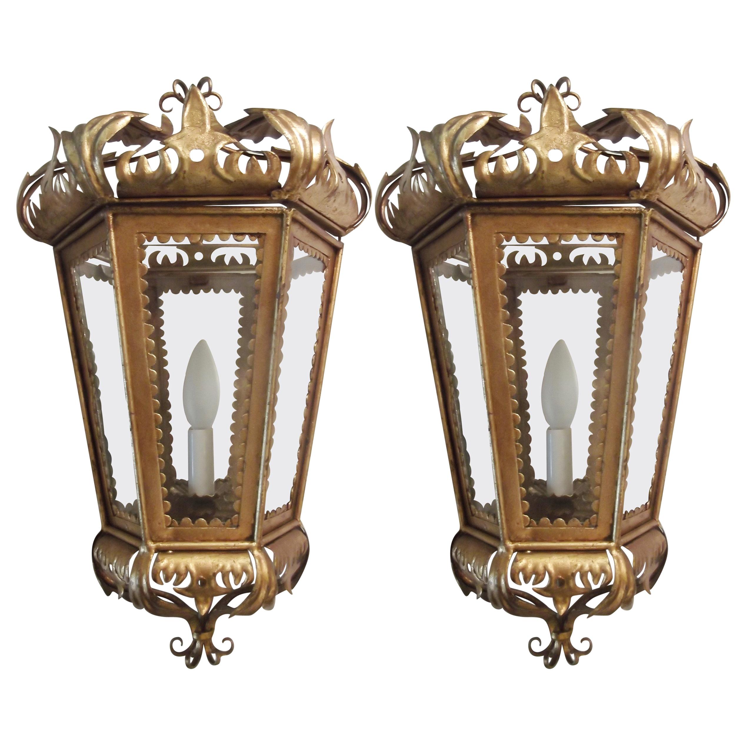 Pair of Hollywood Regency Gilt Toleware Italian Lantern Sconces, 1950s