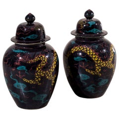 Pair of Huge Modern Black Glazed Ceramic Dragon Chinese Temple Vases with Lids