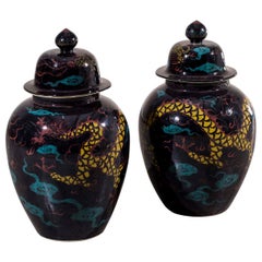 Pair of Huge Modern Black Glazed Ceramic Dragon Chinese Temple Vases with Lids 