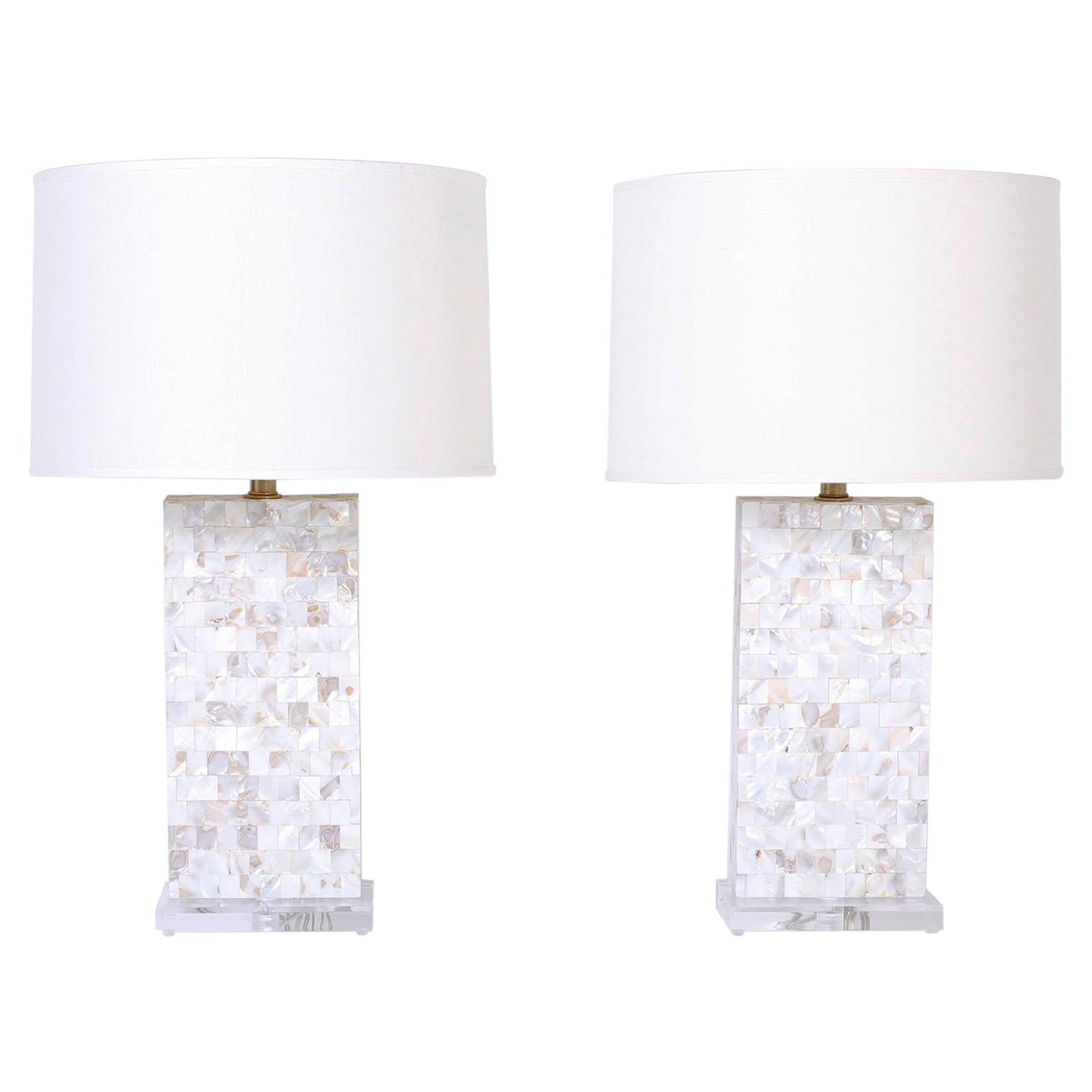 Pair of Midcentury Mother of Pearl Table Lamps For Sale