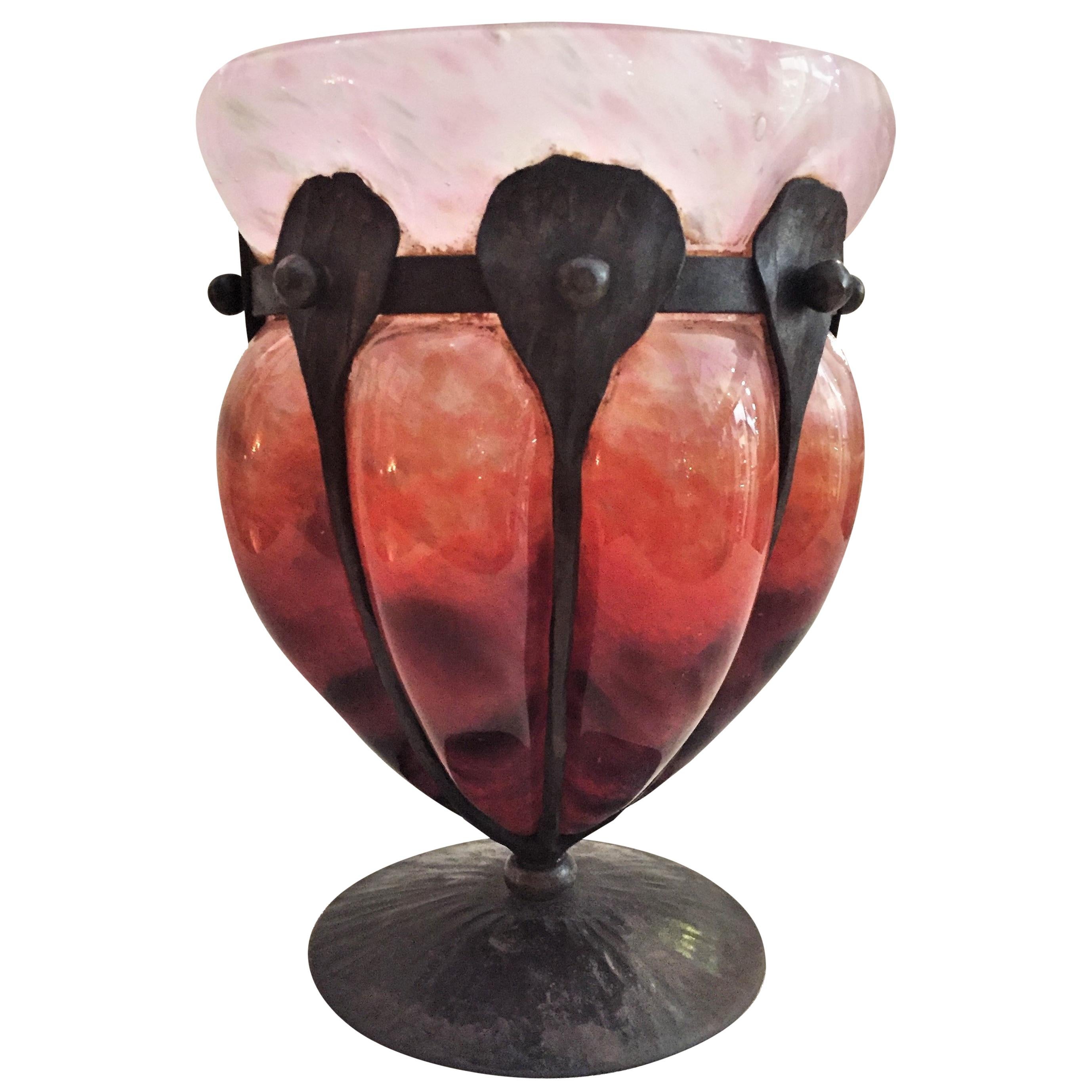 Charles Schneider, French Art Deco Bubbled Glass & Forged Iron Vase, circa 1918