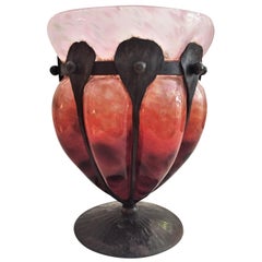 Charles Schneider, French Art Deco Bubbled Glass & Forged Iron Vase, circa 1918