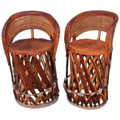 Vintage Mexican Tlaquepaque  Bar Stools in Leather and Wood - Pair