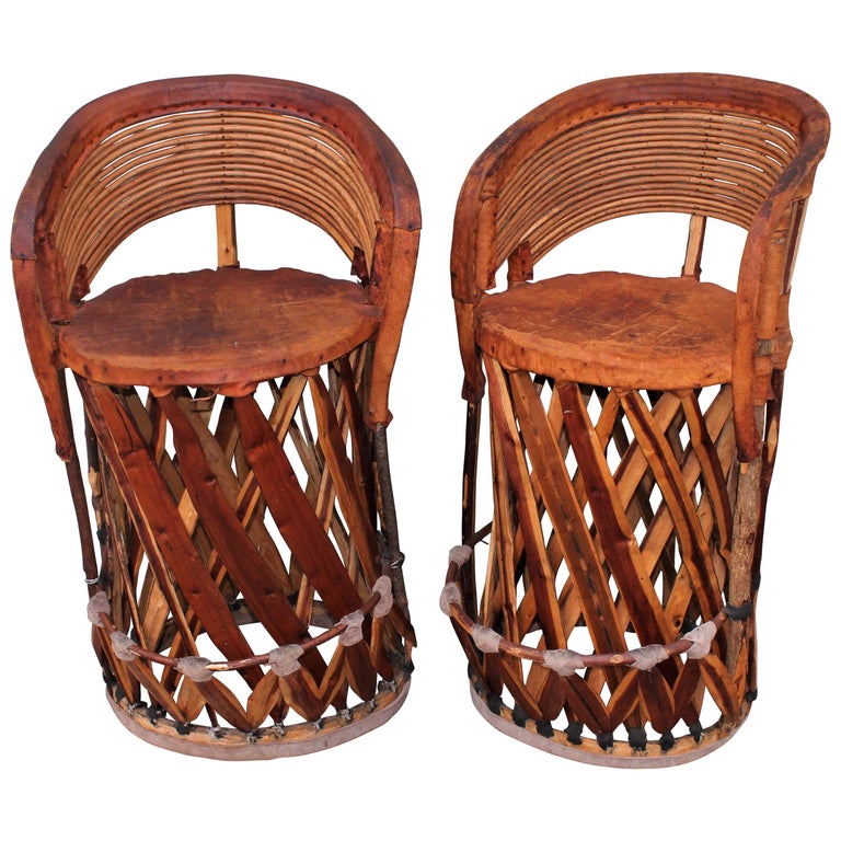 Mexican Tlaquepaque Bar Stools in Leather and Wood Pair at 1stDibs