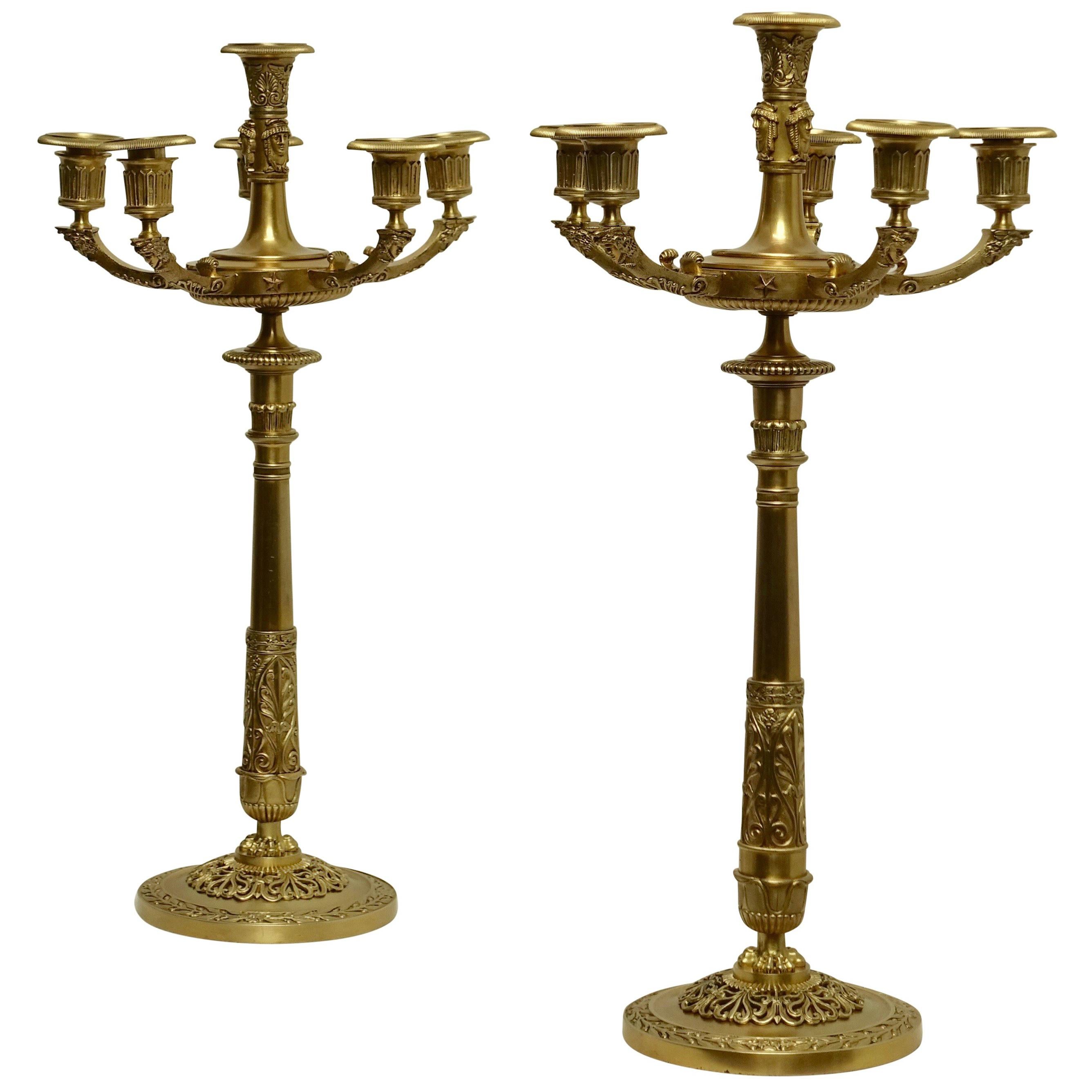 Pair of French Bronze Egyptian Revival Candelabra, circa 1830 For Sale