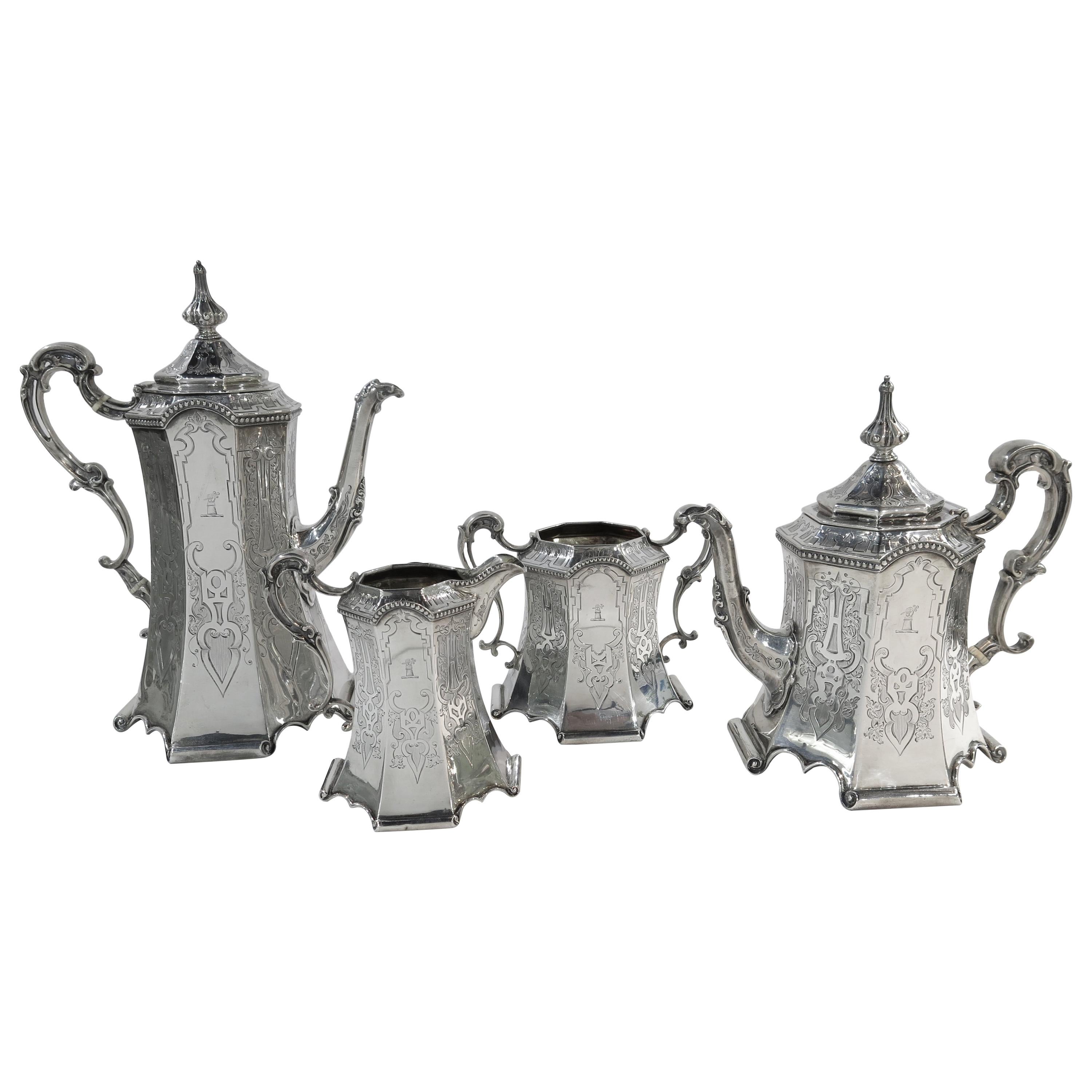 Rare and Pristine Gothic Style Antique Sterling Silver Tea Set, Victorian, 1852 For Sale