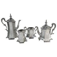 Rare and Pristine Gothic Style Antique Sterling Silver Tea Set, Victorian, 1852