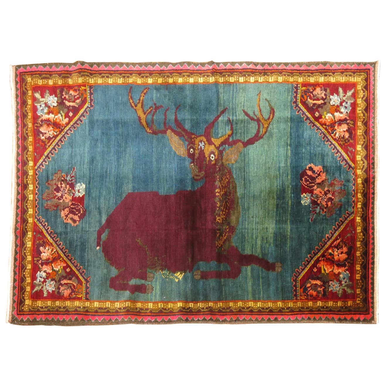 Antique Pictorial Deer Rug For Sale at 1stDibs
