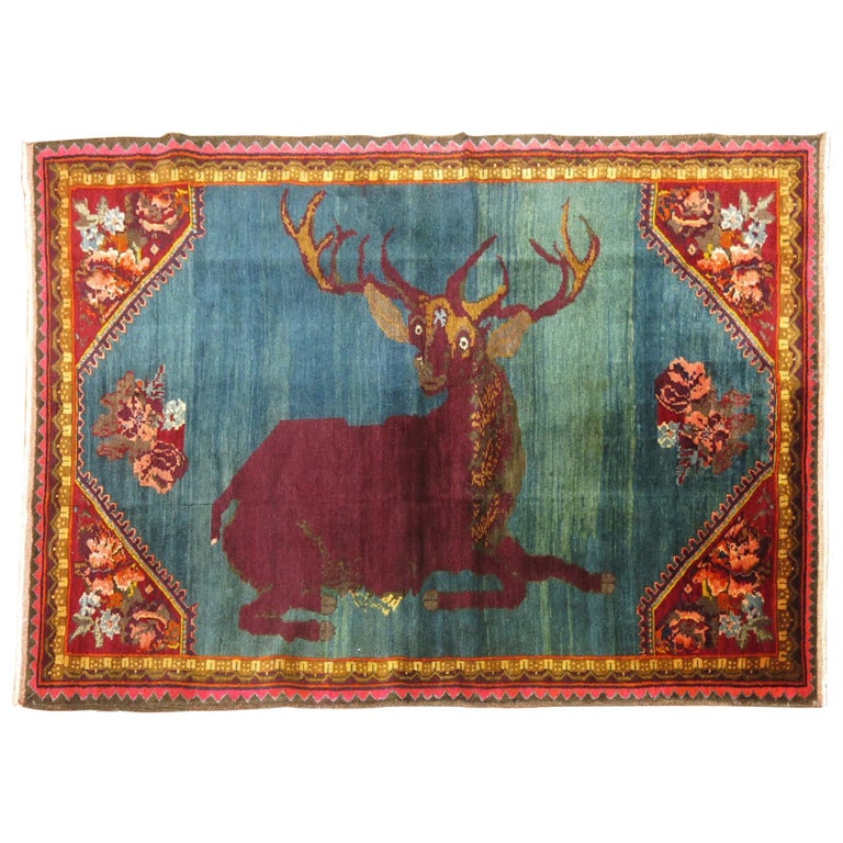 Antique Pictorial Deer Rug For Sale at 1stDibs