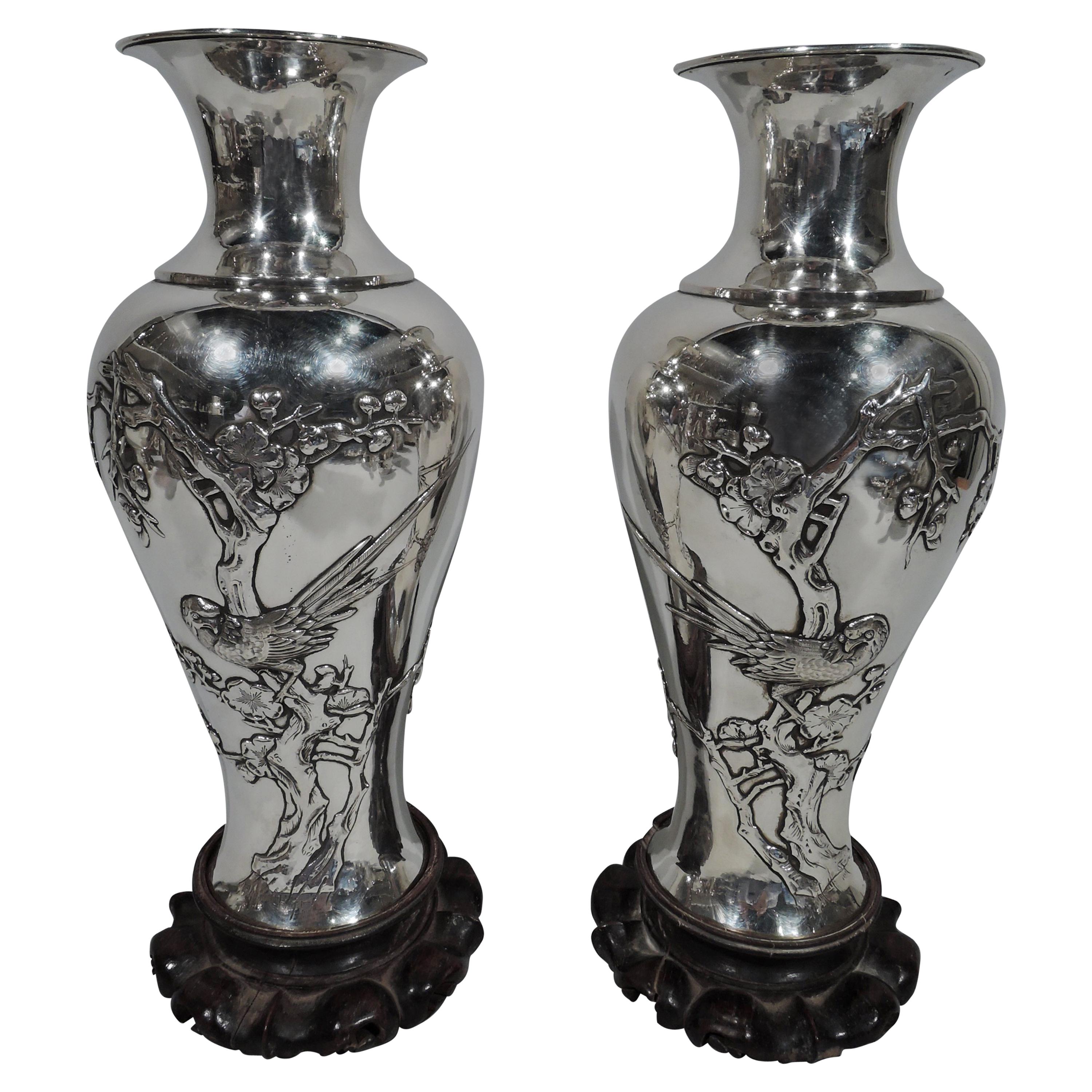 Pair of Antique Chinese Silver Vases with Blossoming Branches and Birds