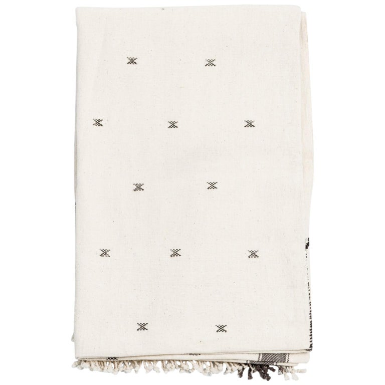 Amro Handloom Throw / Blanket , Black & White Minimal Motifs  In Organic Cotton For Sale