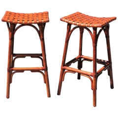 Bamboo Bar Stools with Leather Seats, Pair