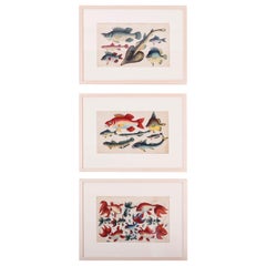 Set of Three Chinese Pith Paintings of Fish