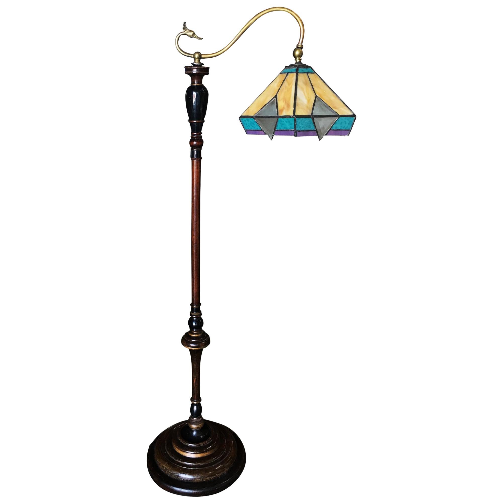 Late Victorian Style Floor Lamp Tiffany Inspired Stain Glass Shade
